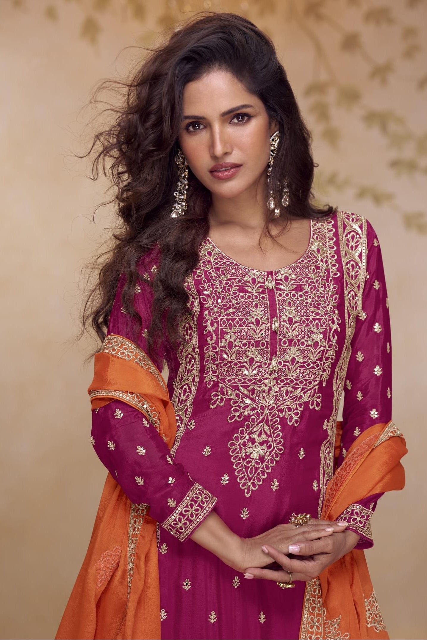 Rani Pink Chinon Silk Palazzo Dress For Indian & Pakistani Wedding Festival - Thread & Sequins Embroidery Work