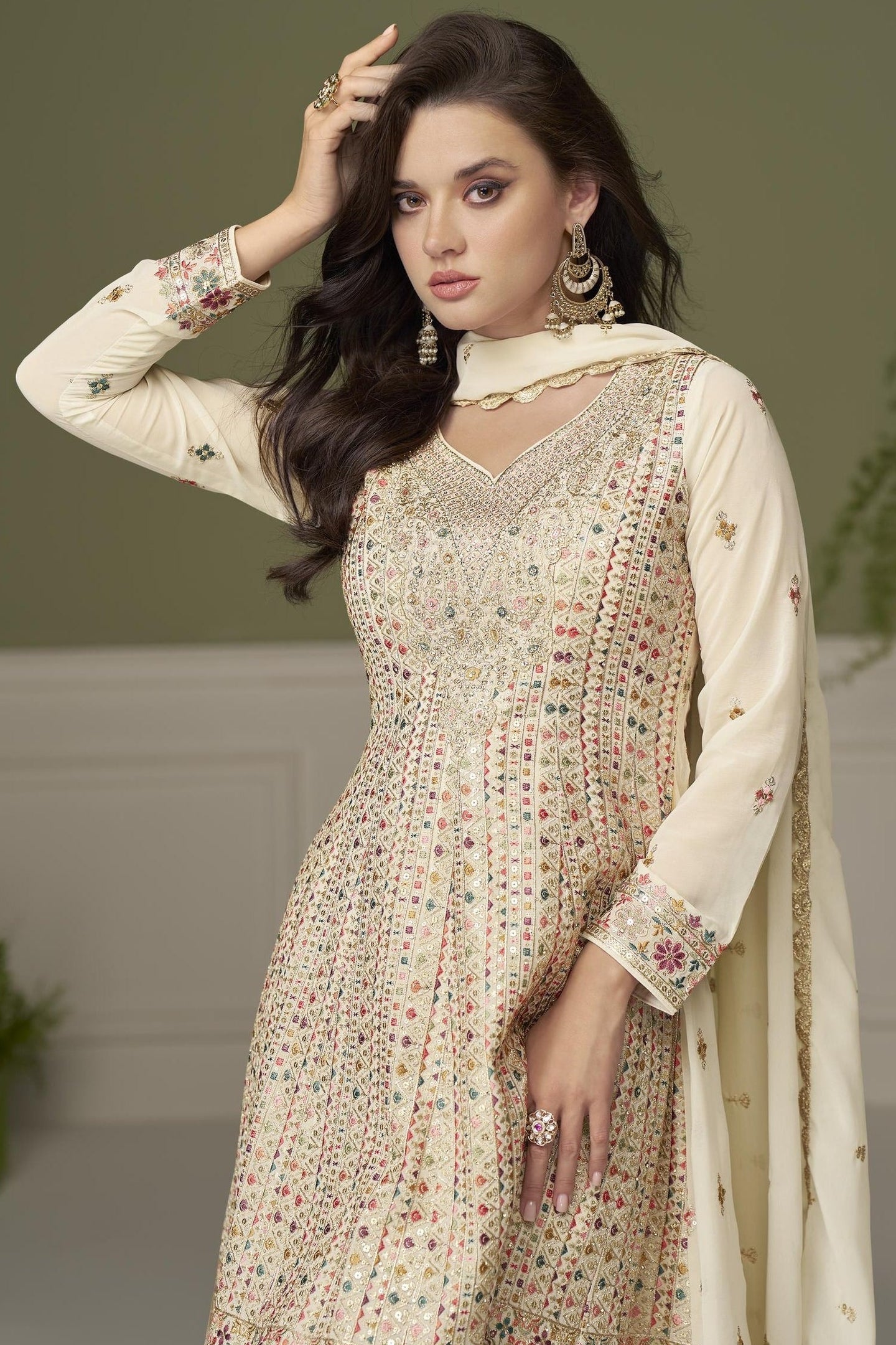 Cream Georgette Kameez With Palazzo For Indian & Pakistani Wedding Festival - Thread & Sequins Embroidery Work, Swarovski Work