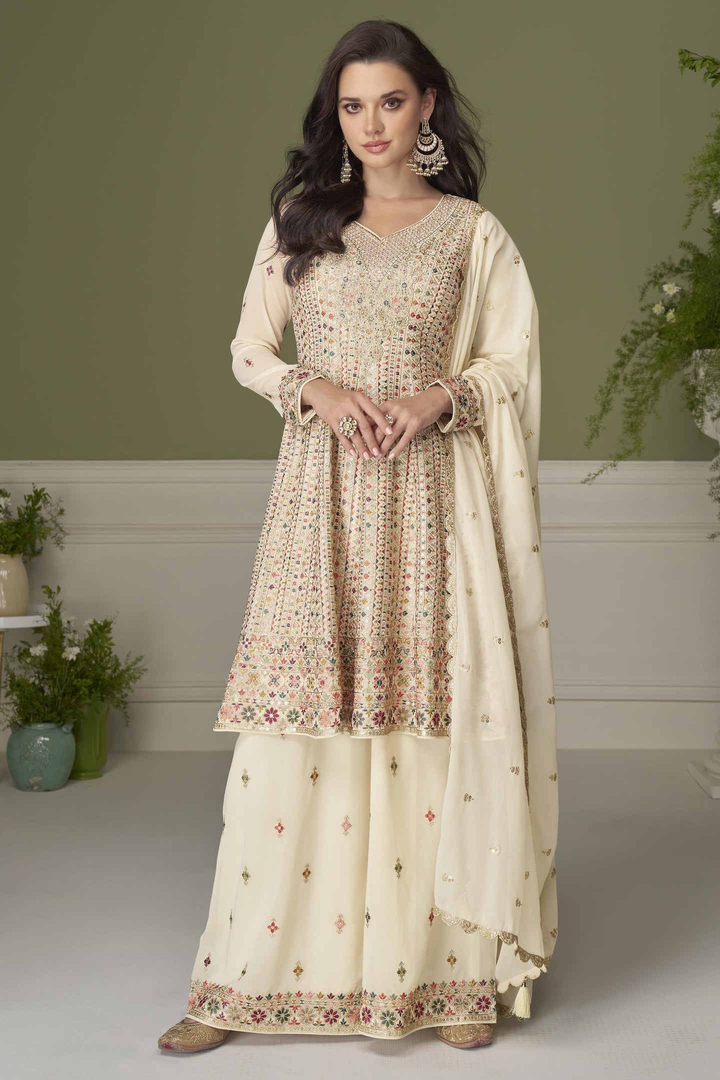 Cream Georgette Kameez With Palazzo For Indian & Pakistani Wedding Festival - Thread & Sequins Embroidery Work, Swarovski Work
