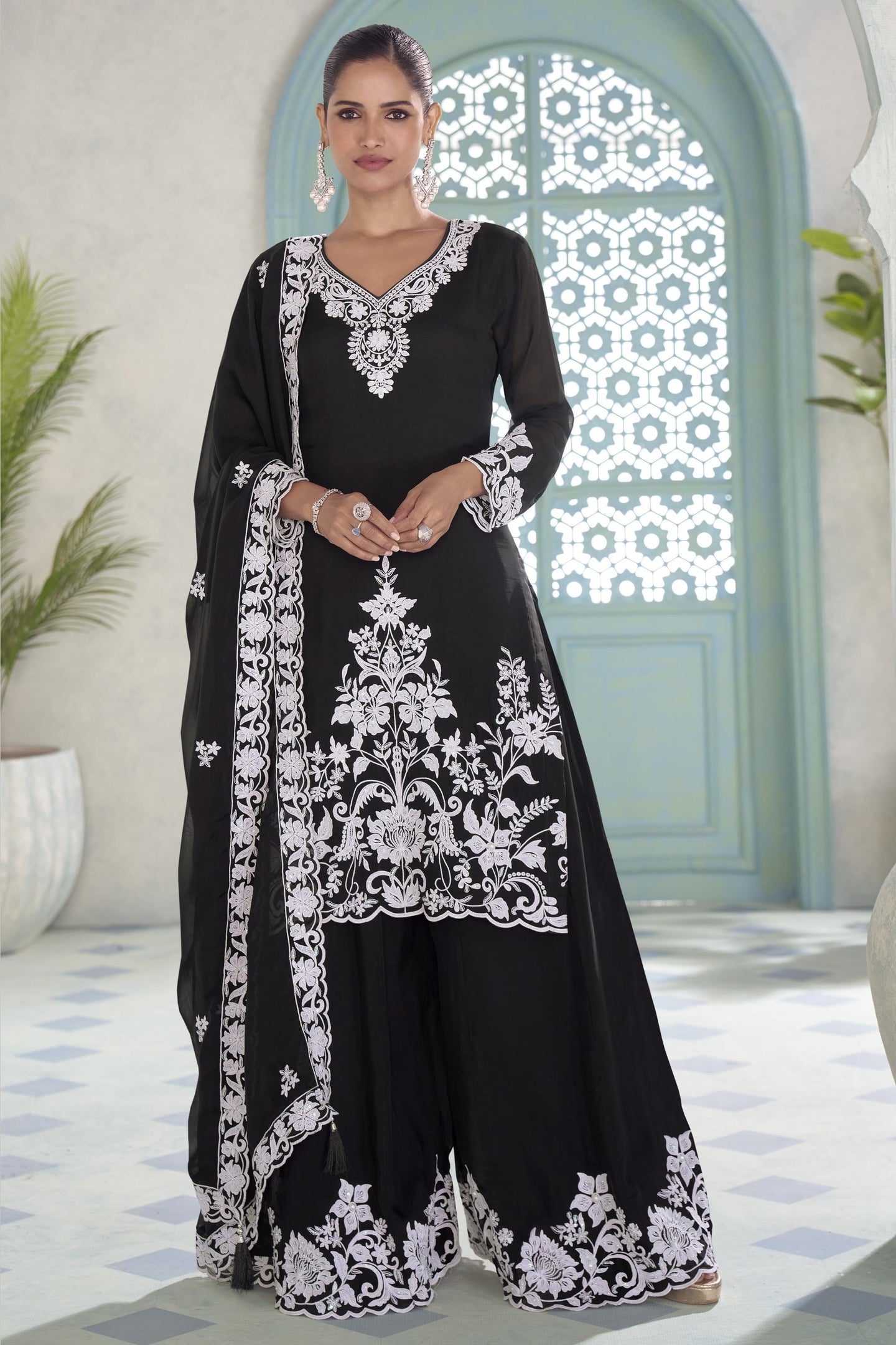 Black Chinon Silk Palazzo Suit For Indian & Pakistani Wedding Festival - Thread & Sequins Embroidery Work