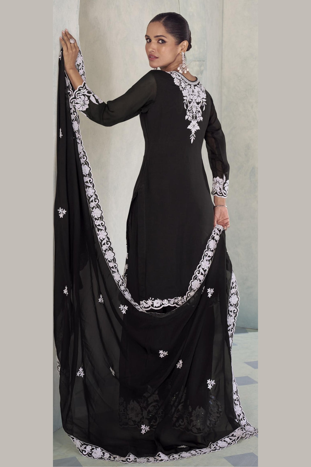 Black Chinon Silk Palazzo Suit For Indian & Pakistani Wedding Festival - Thread & Sequins Embroidery Work