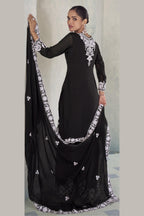 Black Chinon Silk Palazzo Suit For Indian & Pakistani Wedding Festival - Thread & Sequins Embroidery Work