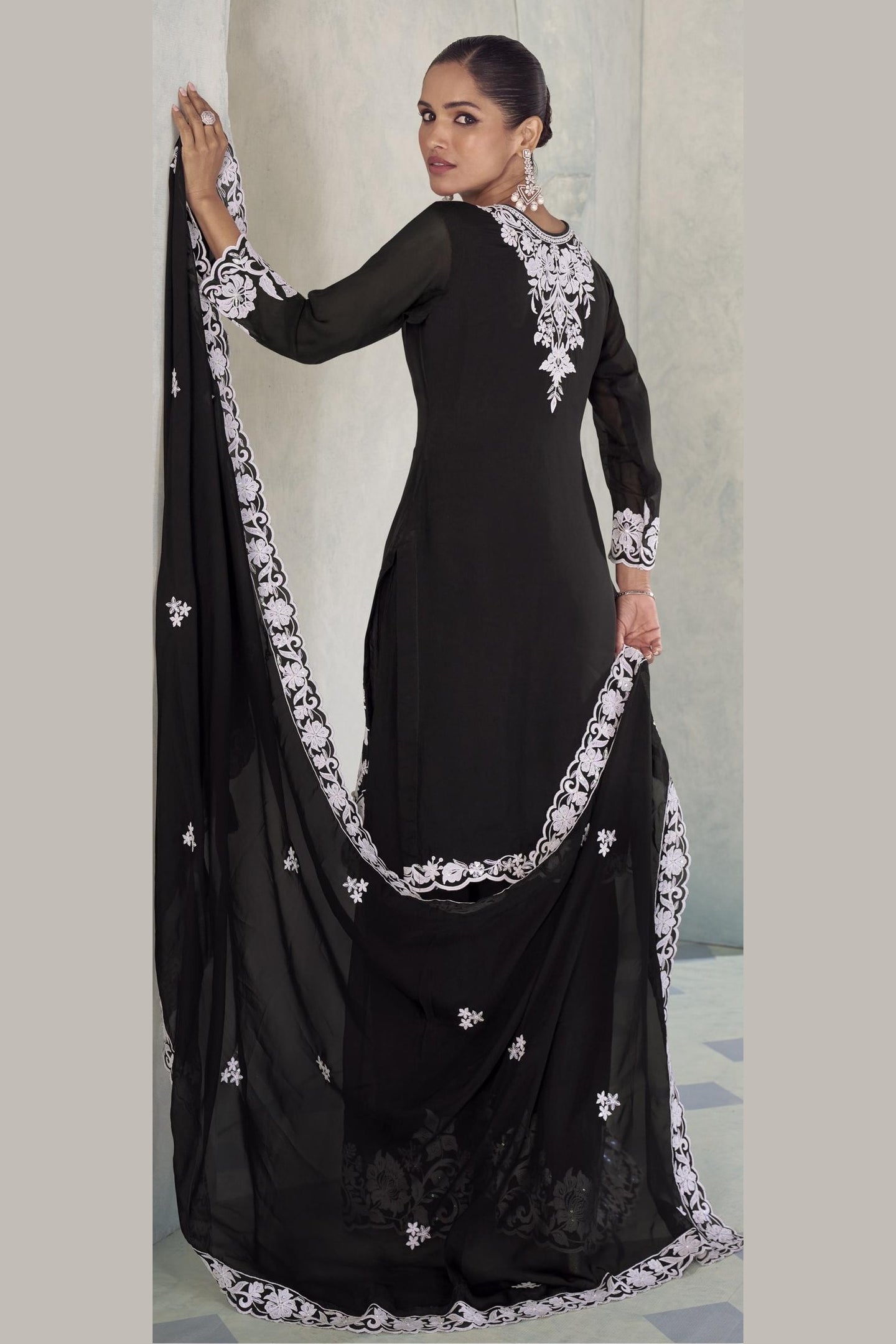 Black Chinon Silk Palazzo Suit For Indian & Pakistani Wedding Festival - Thread & Sequins Embroidery Work