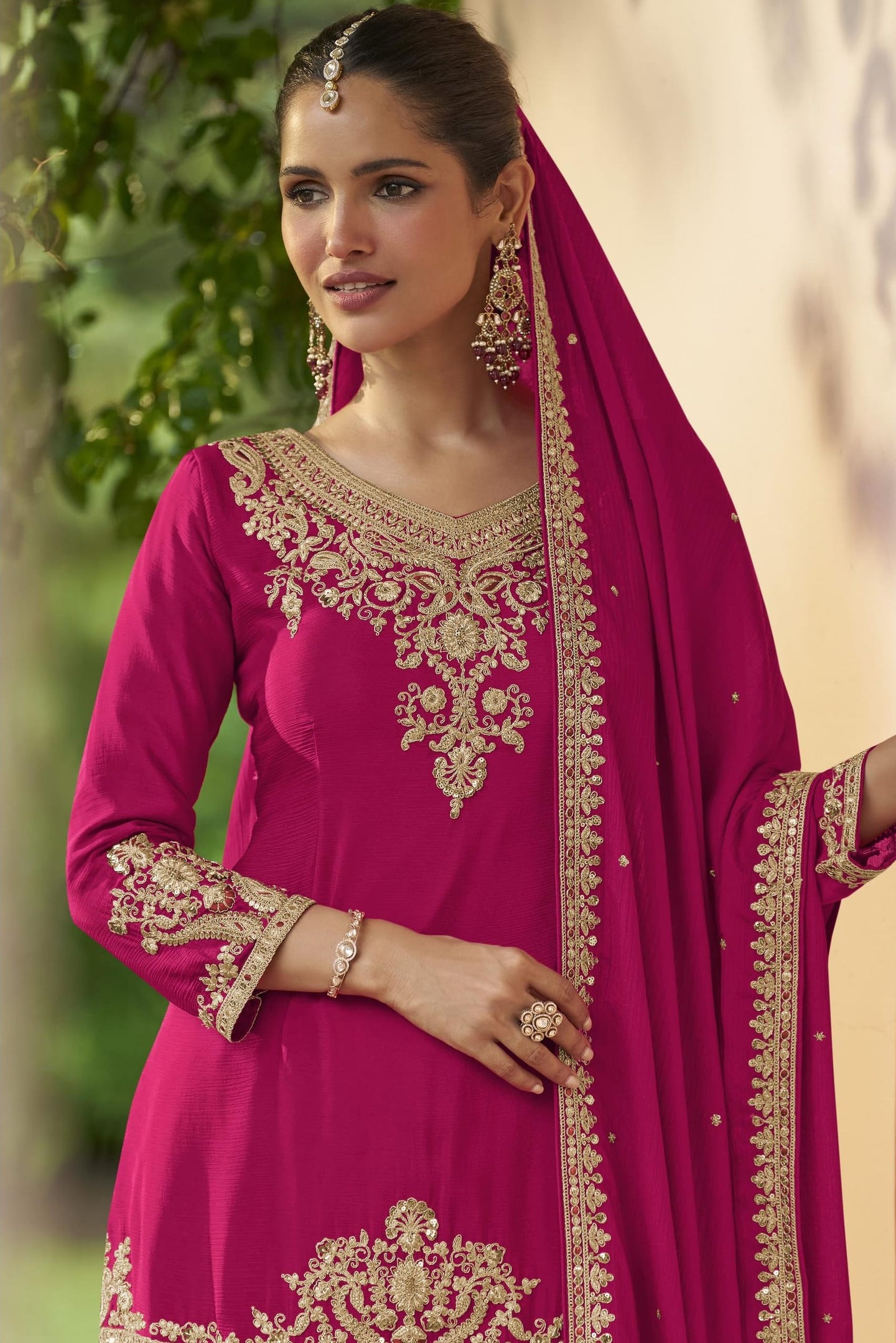 Wine Pink Chinon Silk Plazo Suit For Indian & Pakistani Wedding Festival - Dori Work, Sequence Embroidery Work