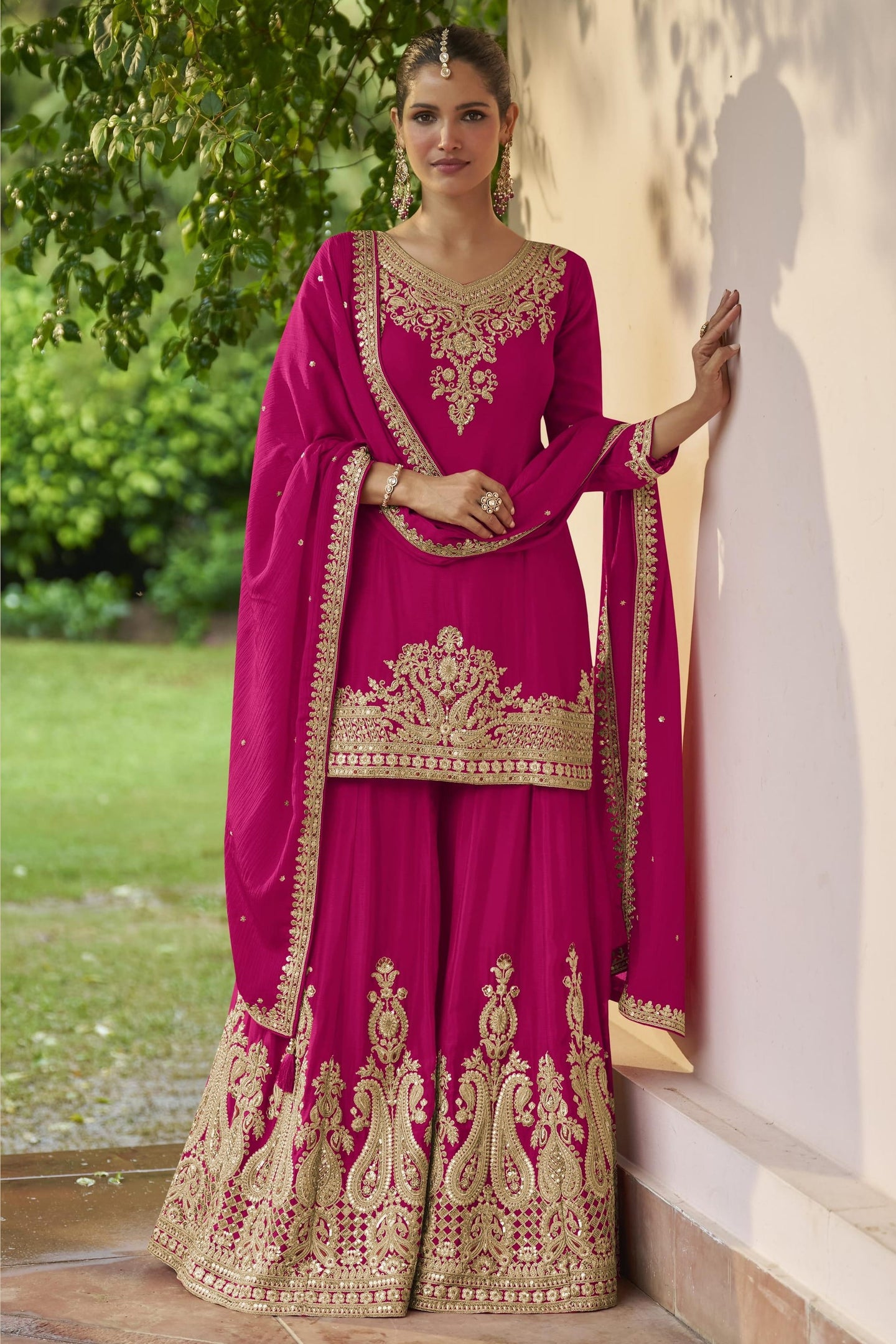 Wine Pink Chinon Silk Plazo Suit For Indian & Pakistani Wedding Festival - Dori Work, Sequence Embroidery Work