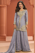 Gray Lavender Fandy Silk Plazo Suit For Indian & Pakistani Wedding Festival - Thread Embroidery Work