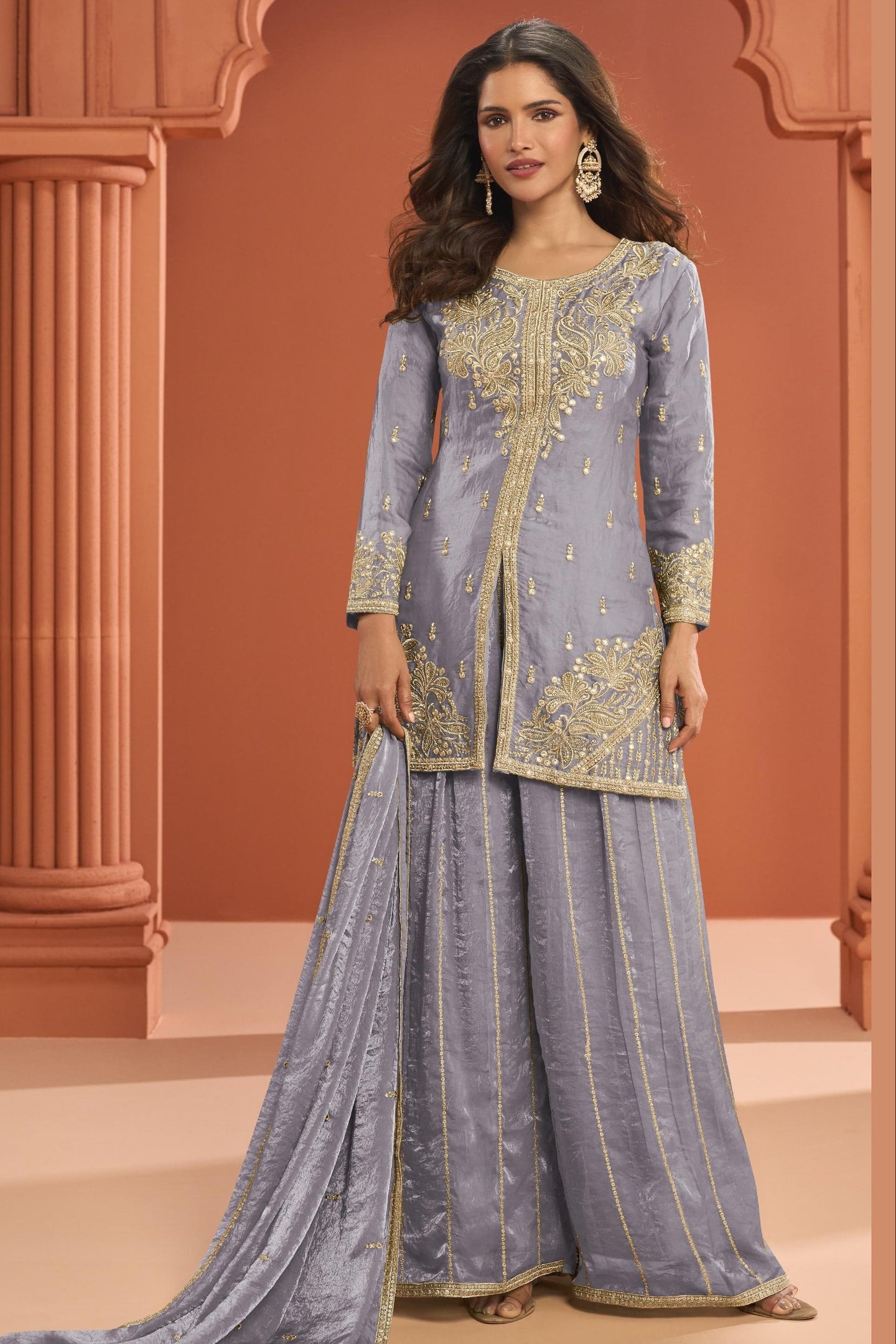 Gray Lavender Fandy Silk Plazo Suit For Indian & Pakistani Wedding Festival - Thread Embroidery Work