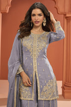 Gray Lavender Fandy Silk Plazo Suit For Indian & Pakistani Wedding Festival - Thread Embroidery Work