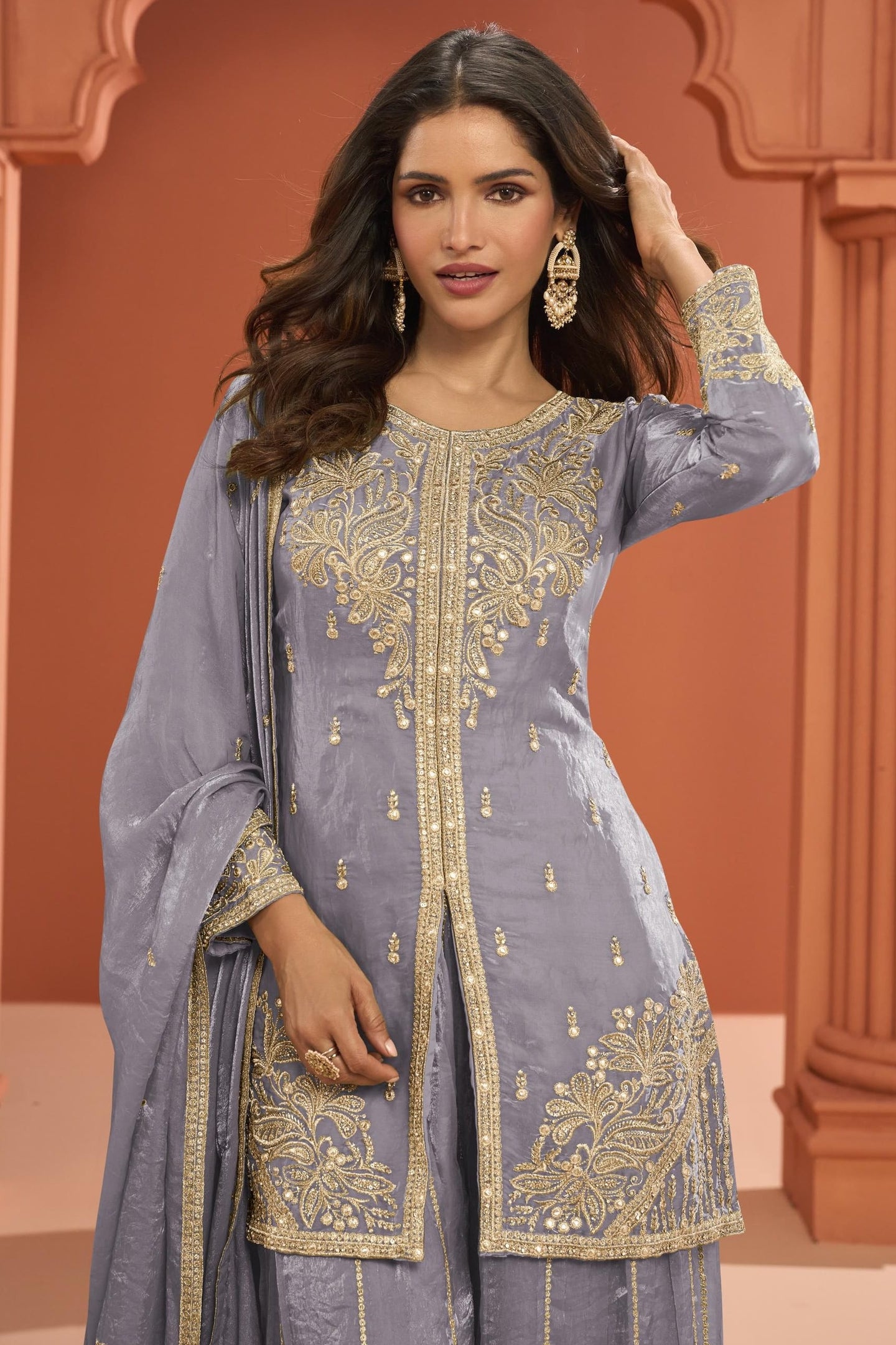 Gray Lavender Fandy Silk Plazo Suit For Indian & Pakistani Wedding Festival - Thread Embroidery Work