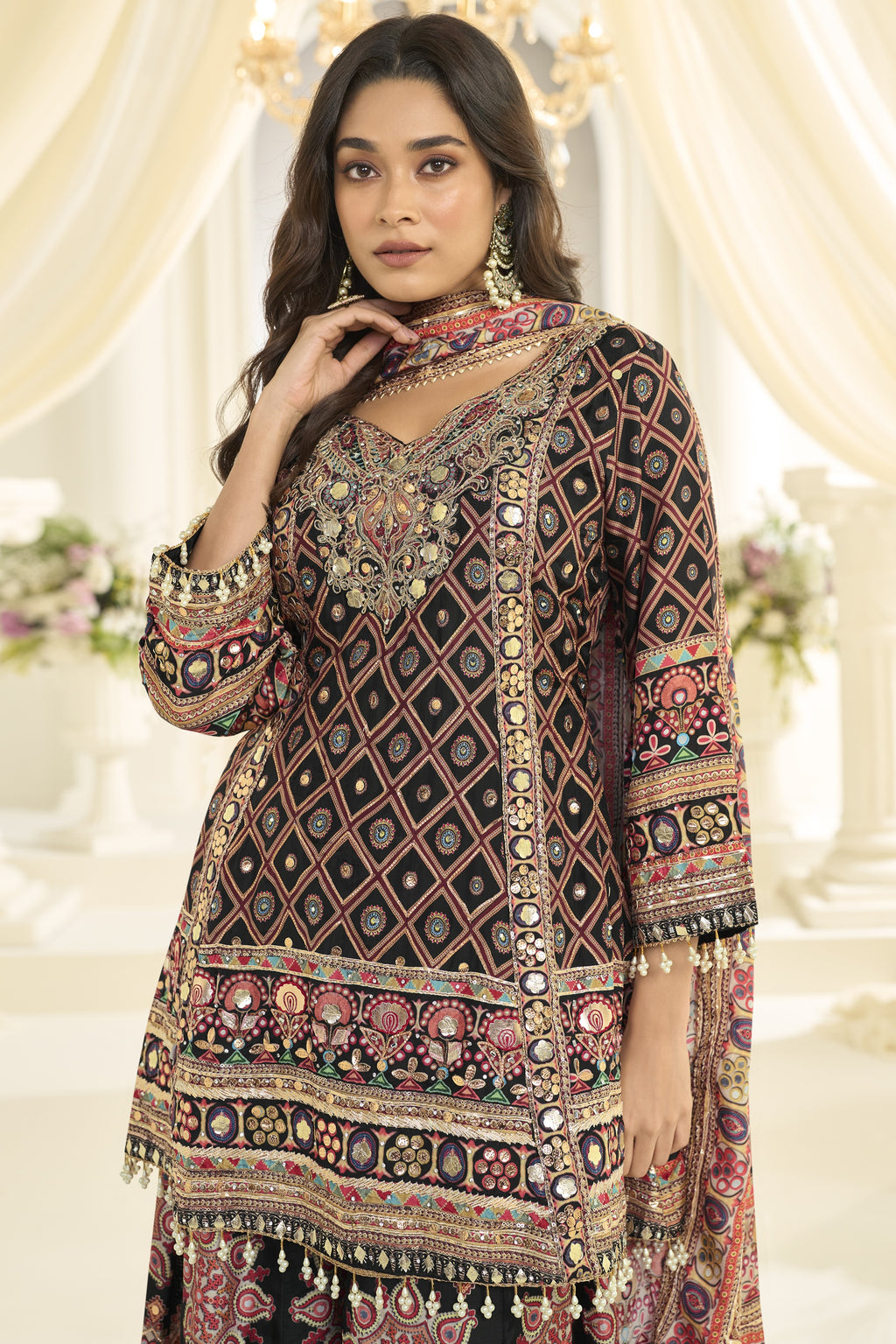 Black Pakistani Traditional Outfit Plazo Suit with Aari, Gota Patti & Print Work