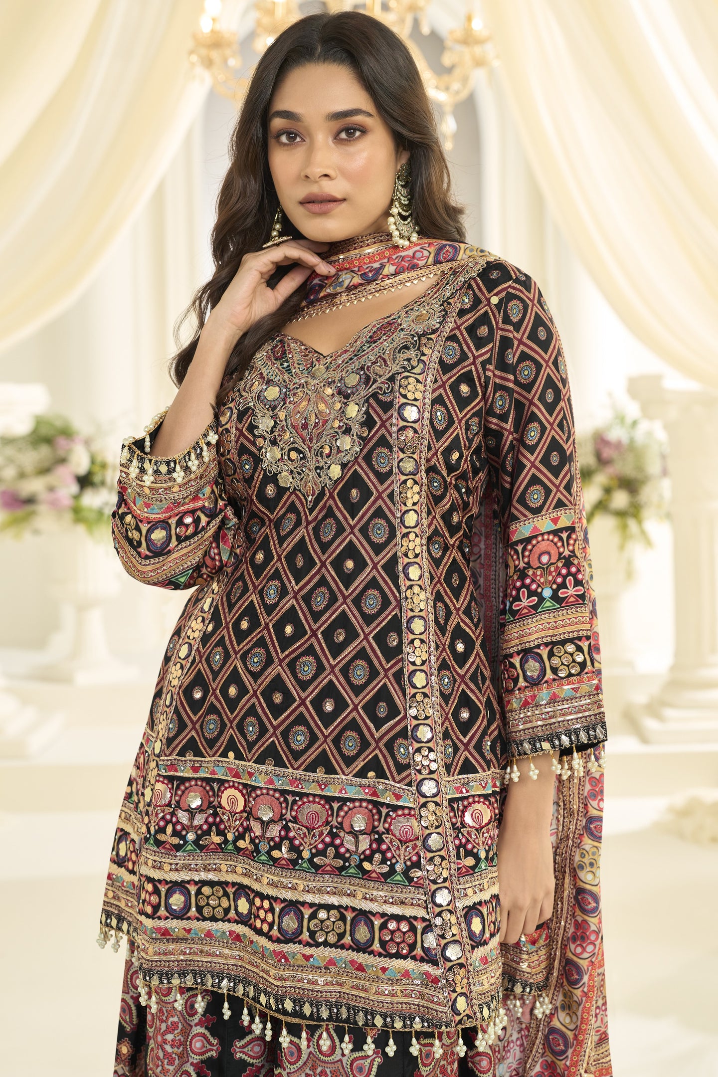 Black Pakistani Traditional Outfit Plazo Suit with Aari, Gota Patti & Print Work