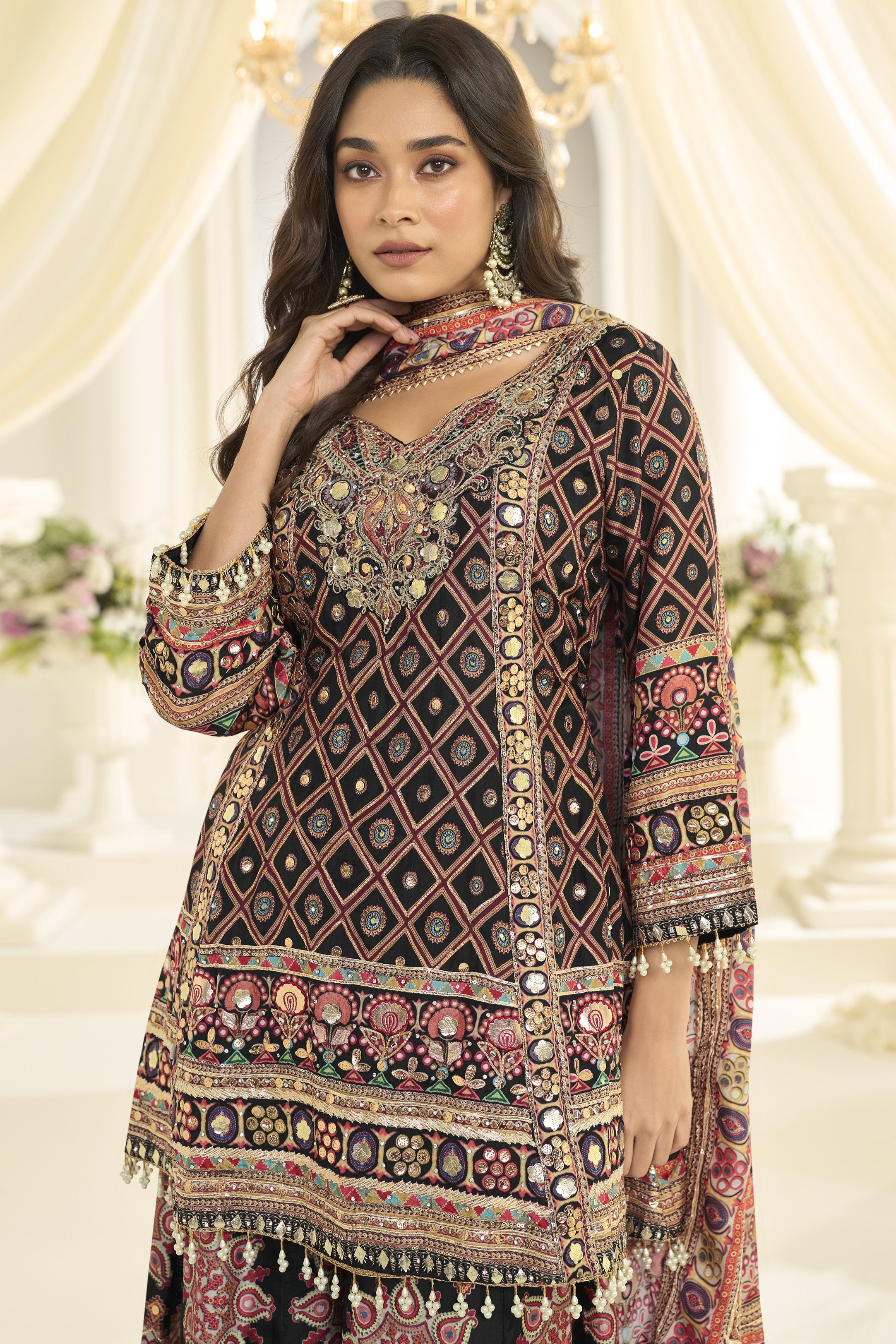 Black Pakistani Traditional Outfit Plazo Suit with Aari, Gota Patti & Print Work
