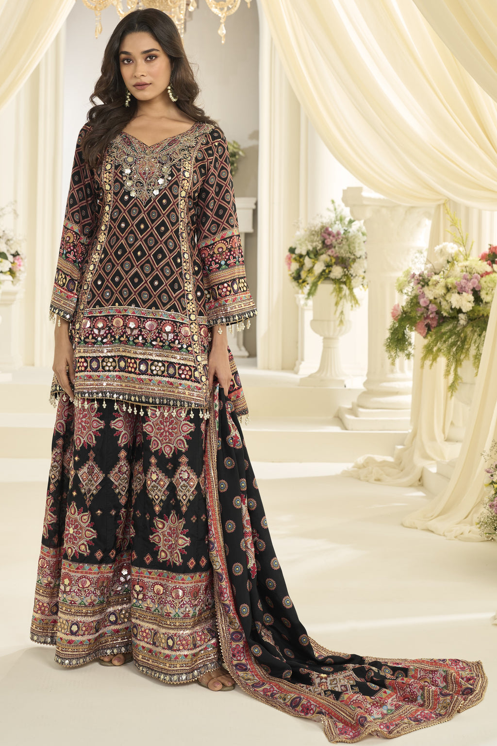 Black Pakistani Traditional Outfit Plazo Suit with Aari, Gota Patti & Print Work