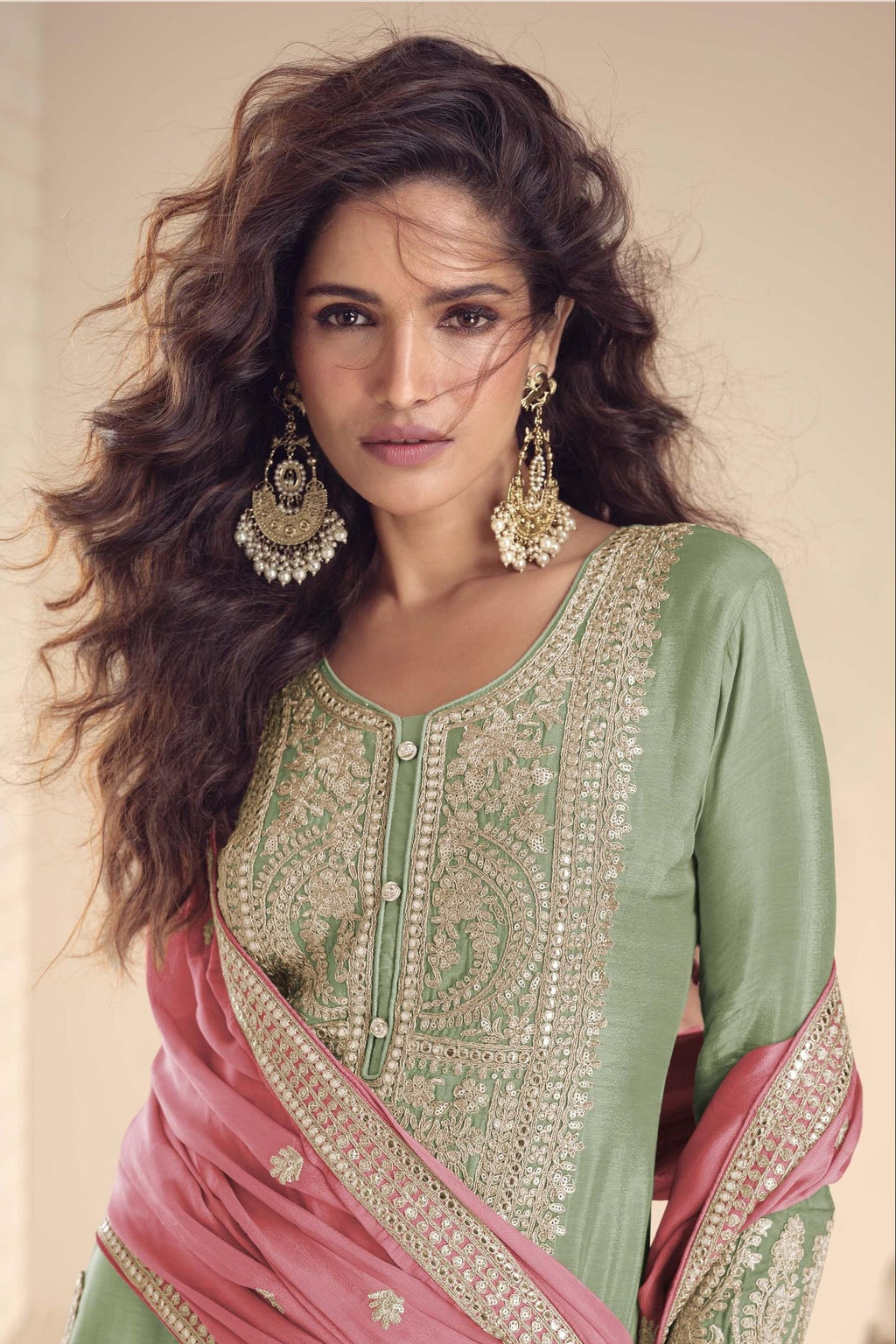 Pista Green Wedding Palazzo Suits for Women in Chinon Silk with Dori Work