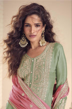 Pista Green Wedding Palazzo Suits for Women in Chinon Silk with Dori Work