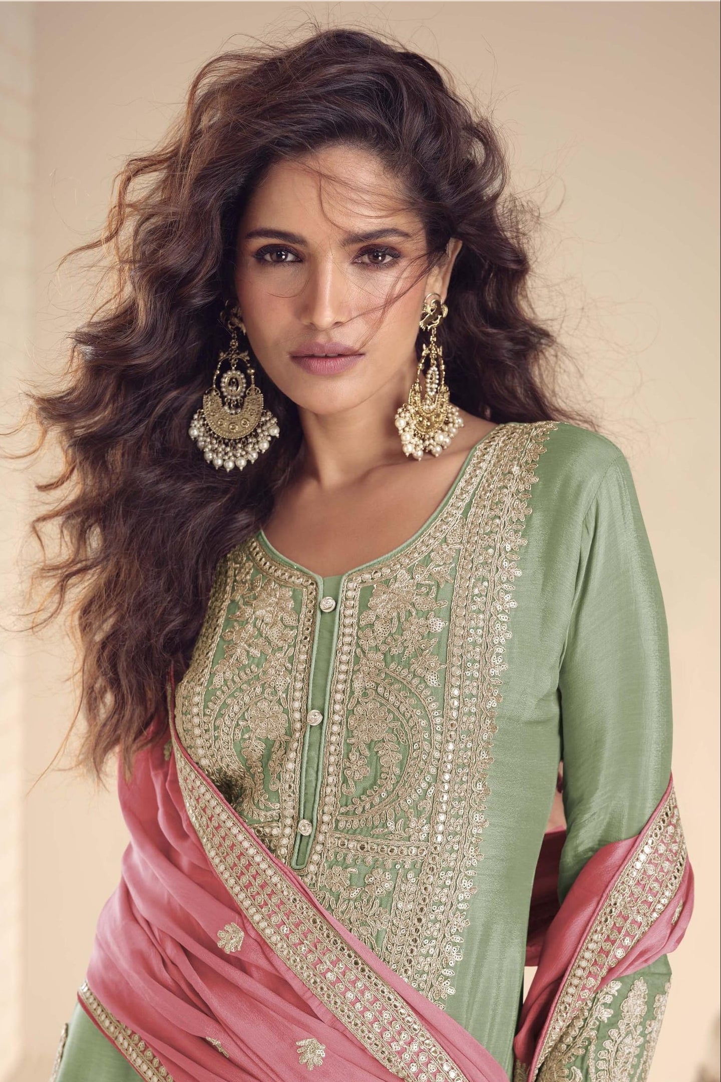 Pista Green Wedding Palazzo Suits for Women in Chinon Silk with Dori Work