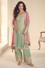 Pista Green Wedding Palazzo Suits for Women in Chinon Silk with Dori Work
