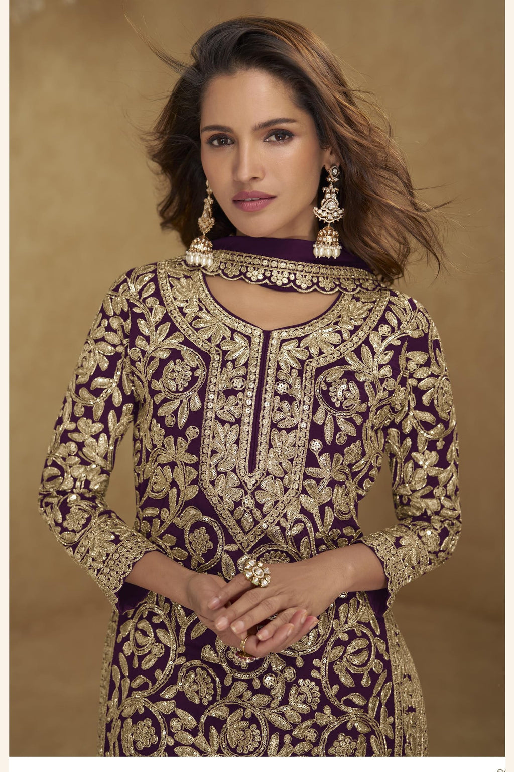 Embroidered Suit for Womens | Purple Georgette Sequin Plazo Set