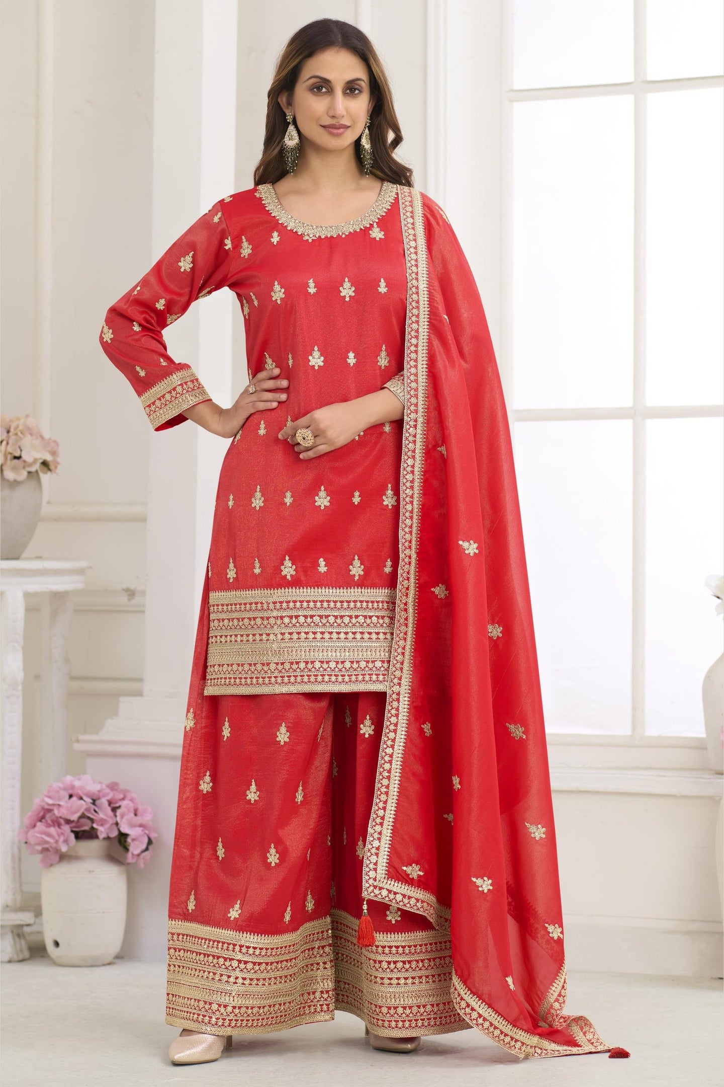 Orange Red Embroidered Palazzo Set in Simmer Silk