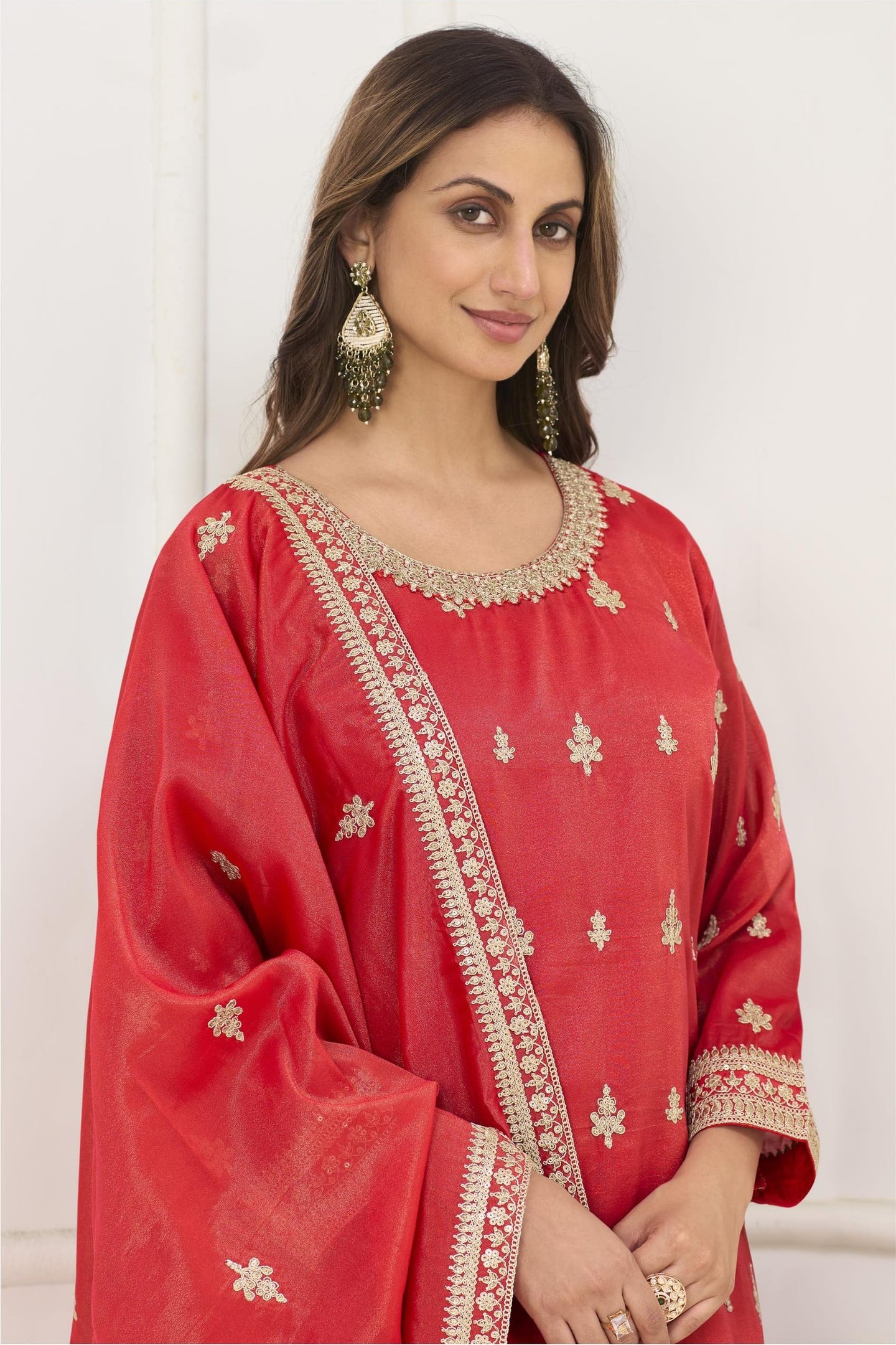 Orange Red Embroidered Palazzo Set in Simmer Silk