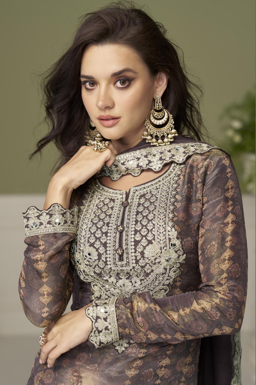 Brown Palazo Suit in Chinon Silk with Thread Sequins Embroidery & Print Work