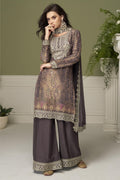 Brown Palazo Suit in Chinon Silk with Thread Sequins Embroidery & Print Work