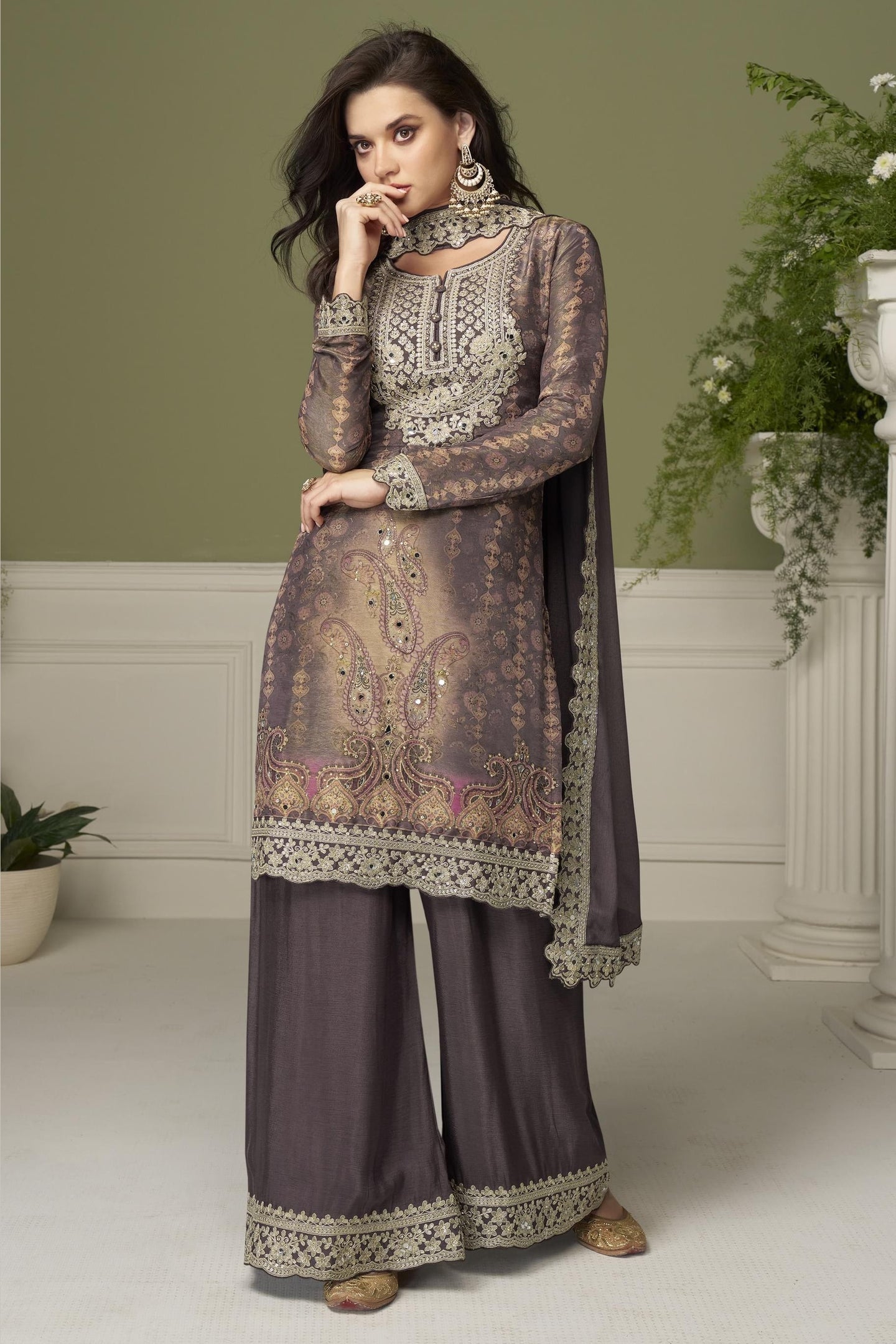 Brown Palazo Suit in Chinon Silk with Thread Sequins Embroidery & Print Work