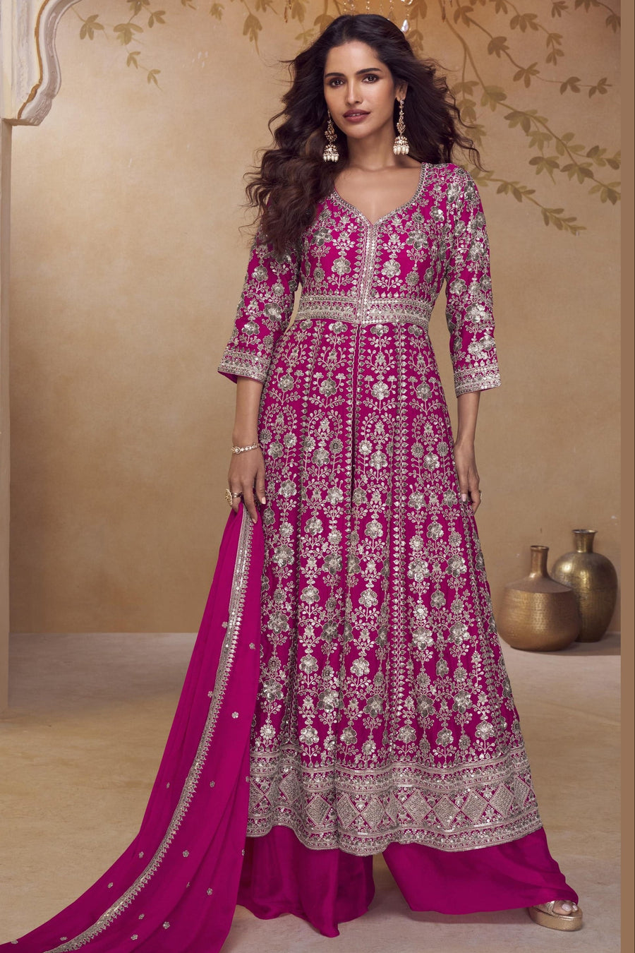 Pink India Wedding Gowns Chinon Silk Anarkali Suit with Palazzo