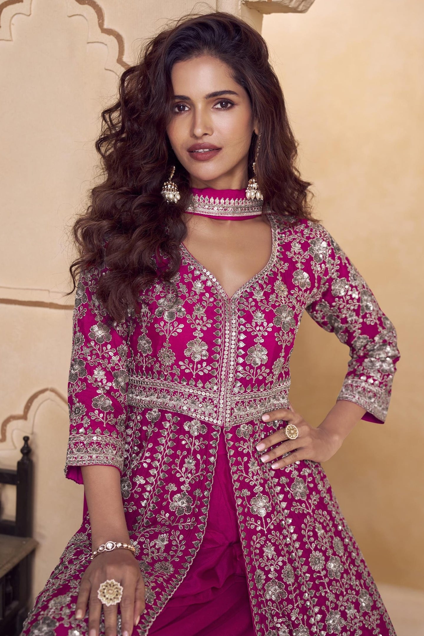 Pink India Wedding Gowns Chinon Silk Anarkali Suit with Palazzo