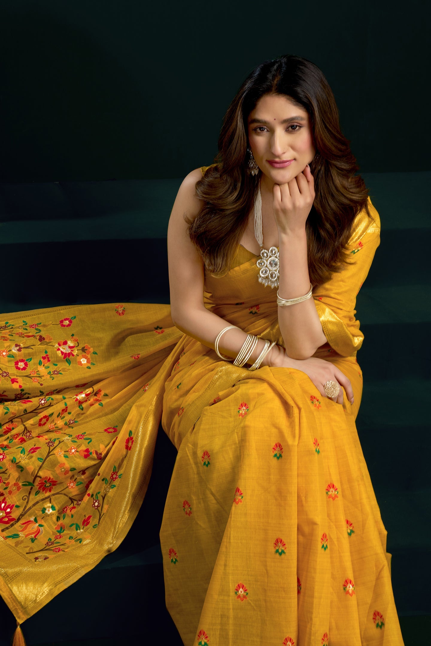 Yellow Silk Cotton Meenakari Saree with Stitched Blouse & Underskirt