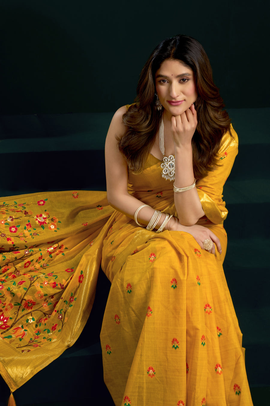 Yellow Silk Cotton Meenakari Saree with Stitched Blouse & Underskirt