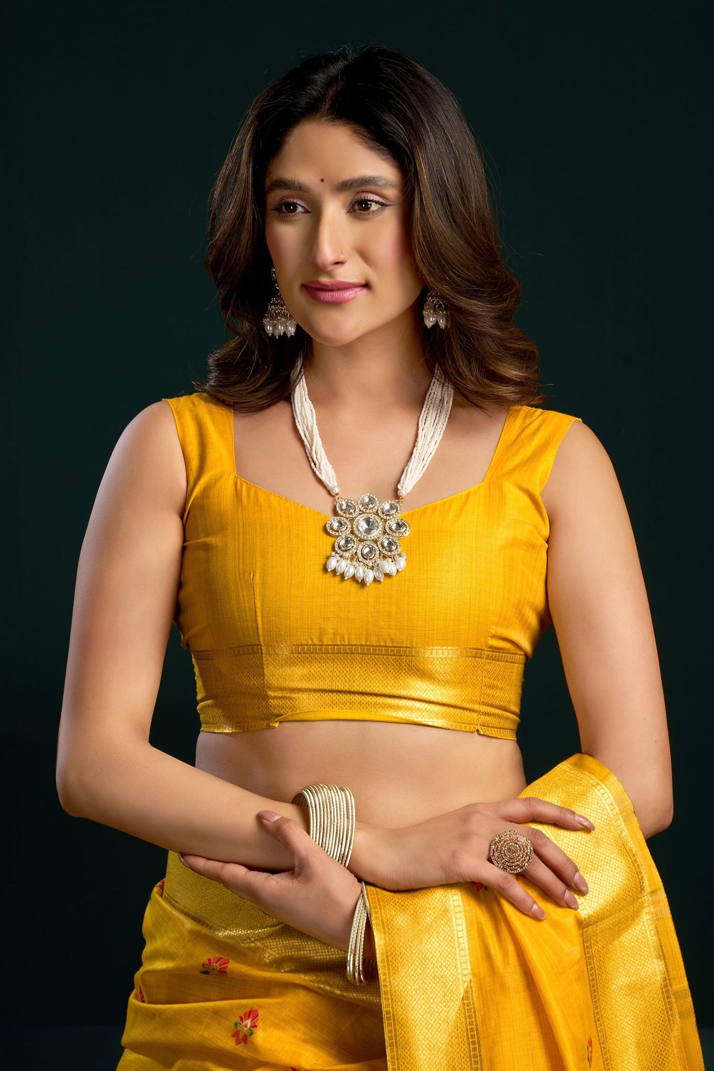 Yellow Silk Cotton Meenakari Saree with Stitched Blouse & Underskirt