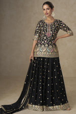 Black Chinon Silk Palazzo Suit For Indian & Pakistani Wedding Festival - Sequins & Thread Embroidery Work
