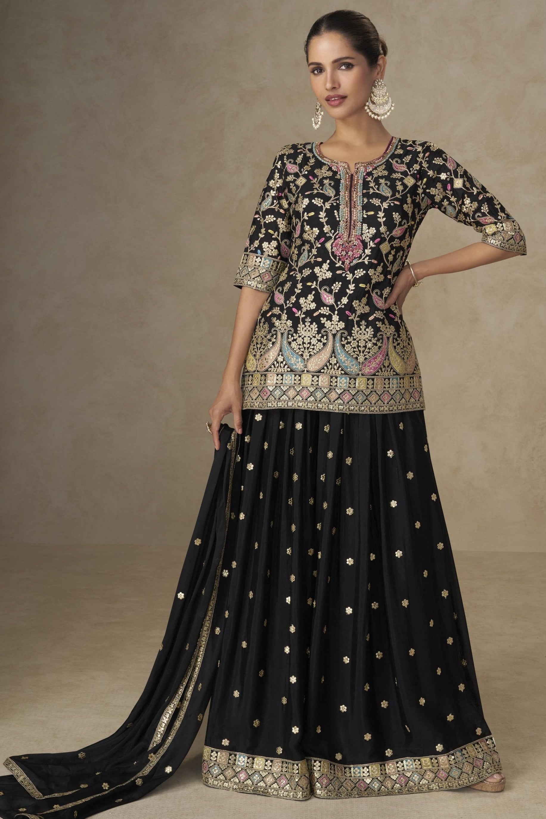 Black Chinon Silk Palazzo Suit For Indian & Pakistani Wedding Festival - Sequins & Thread Embroidery Work