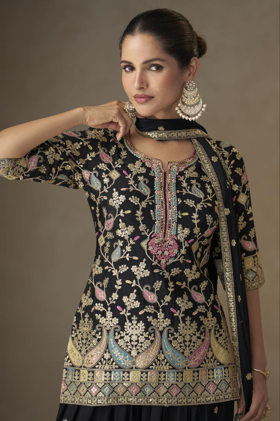 Black Chinon Silk Palazzo Suit For Indian & Pakistani Wedding Festival - Sequins & Thread Embroidery Work