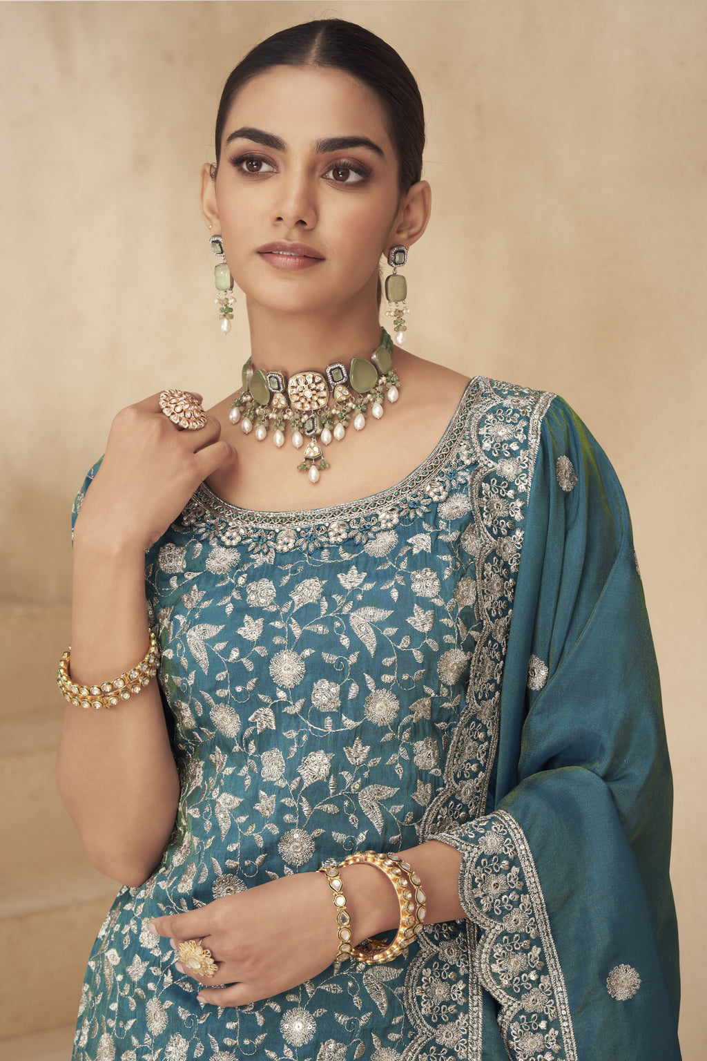 Teal Simmer Silk Kameez With Palazzo Suit For Indian & Pakistani Wedding Festival - Thread & Sequence Embroidery
