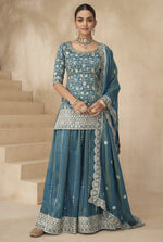 Teal Simmer Silk Kameez With Palazzo Suit For Indian & Pakistani Wedding Festival - Thread & Sequence Embroidery