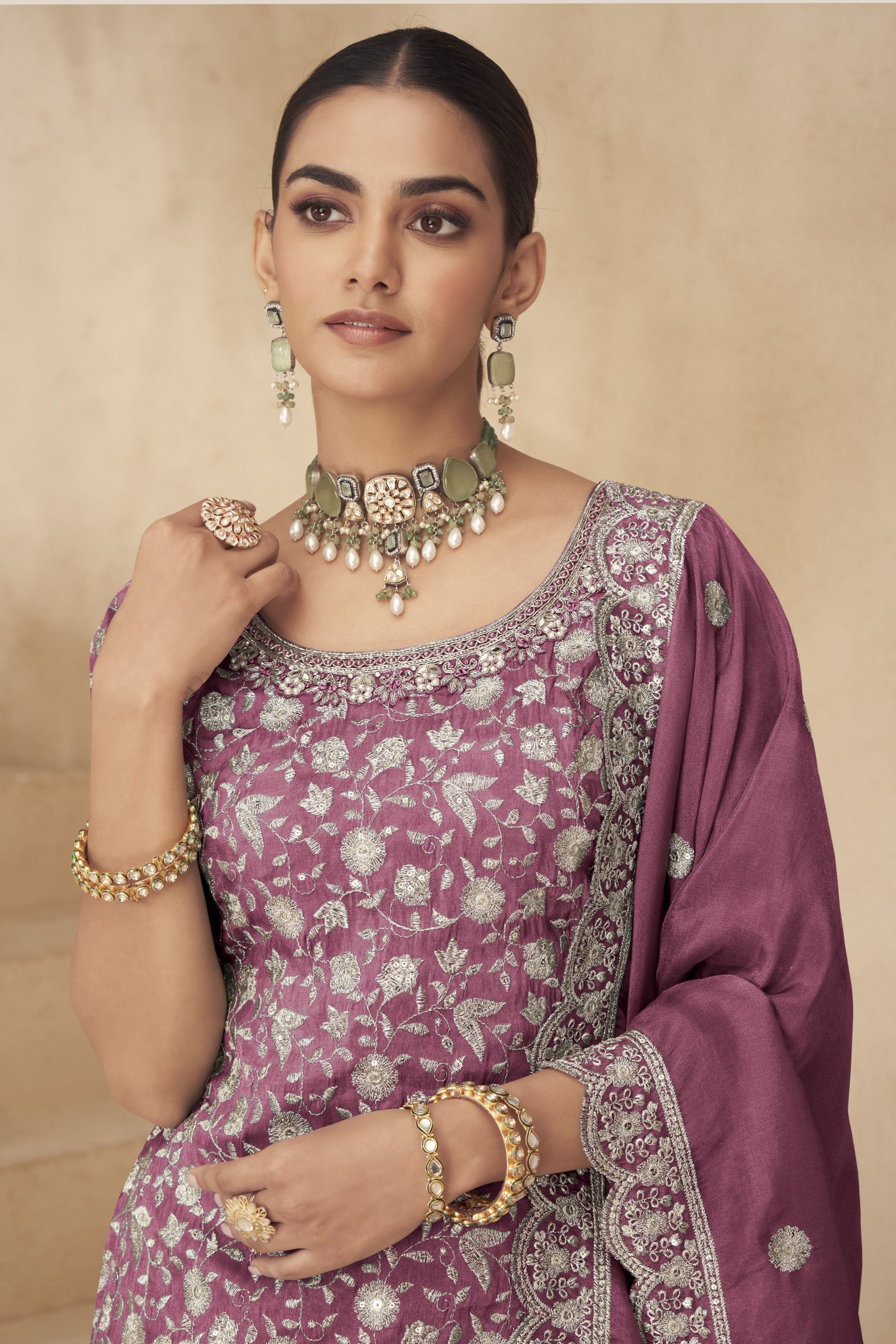 Pink Simmer Silk Kameez With Palazzo Suit For Indian & Pakistani Wedding Festival - Thread & Sequence Embroidery