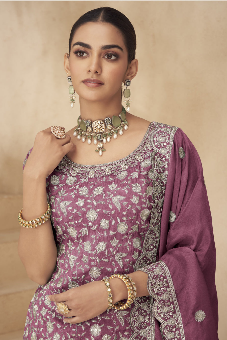 Pink Simmer Silk Kameez With Palazzo Suit For Indian & Pakistani Wedding Festival - Thread & Sequence Embroidery