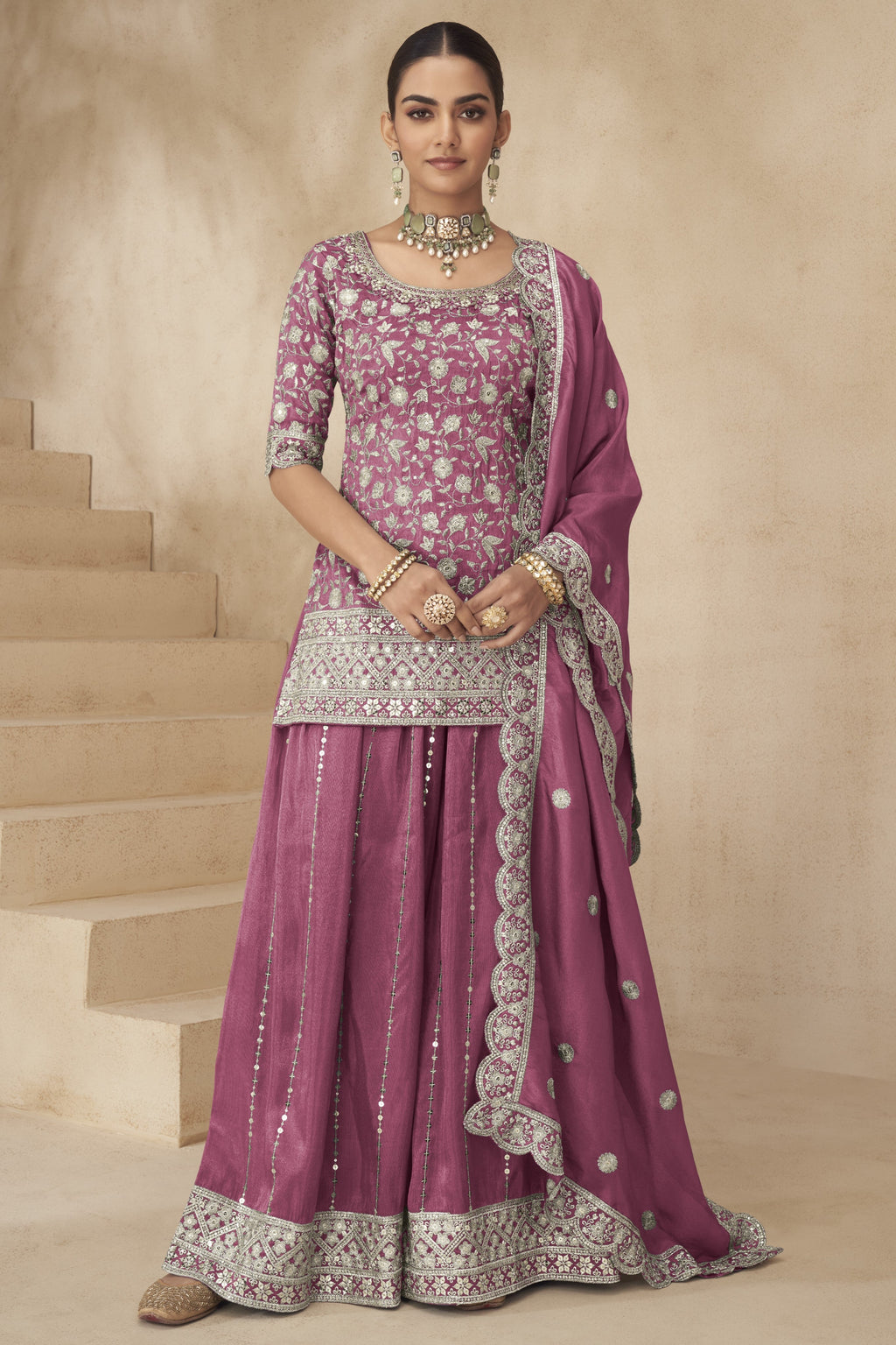 Pink Simmer Silk Kameez With Palazzo Suit For Indian & Pakistani Wedding Festival - Thread & Sequence Embroidery