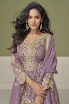 Light Purple Simmer Silk Kameez With Sharara Suit For Indian & Pakistani Wedding Festival - Embroidery Work