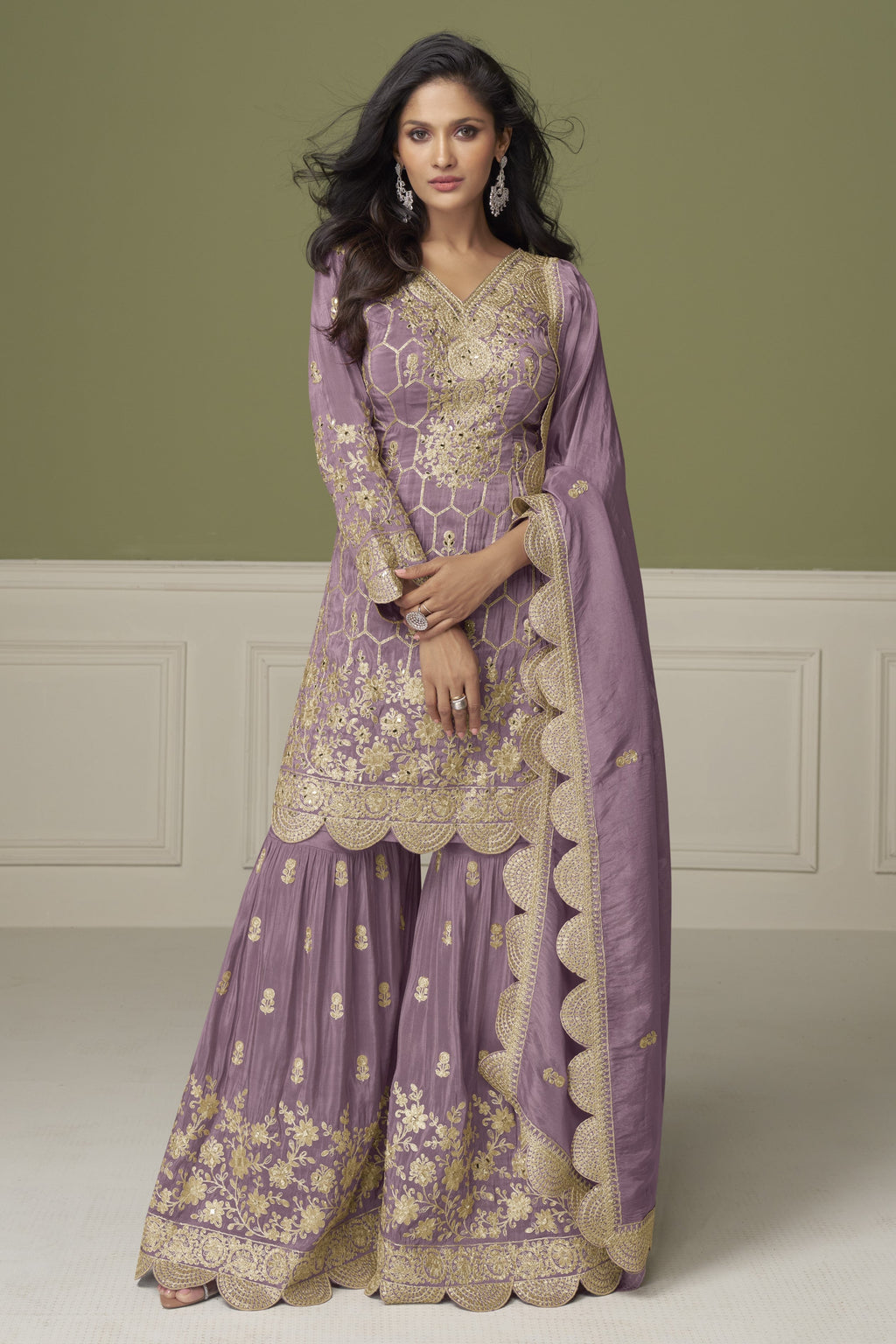 Light Purple Simmer Silk Kameez With Sharara Suit For Indian & Pakistani Wedding Festival - Embroidery Work