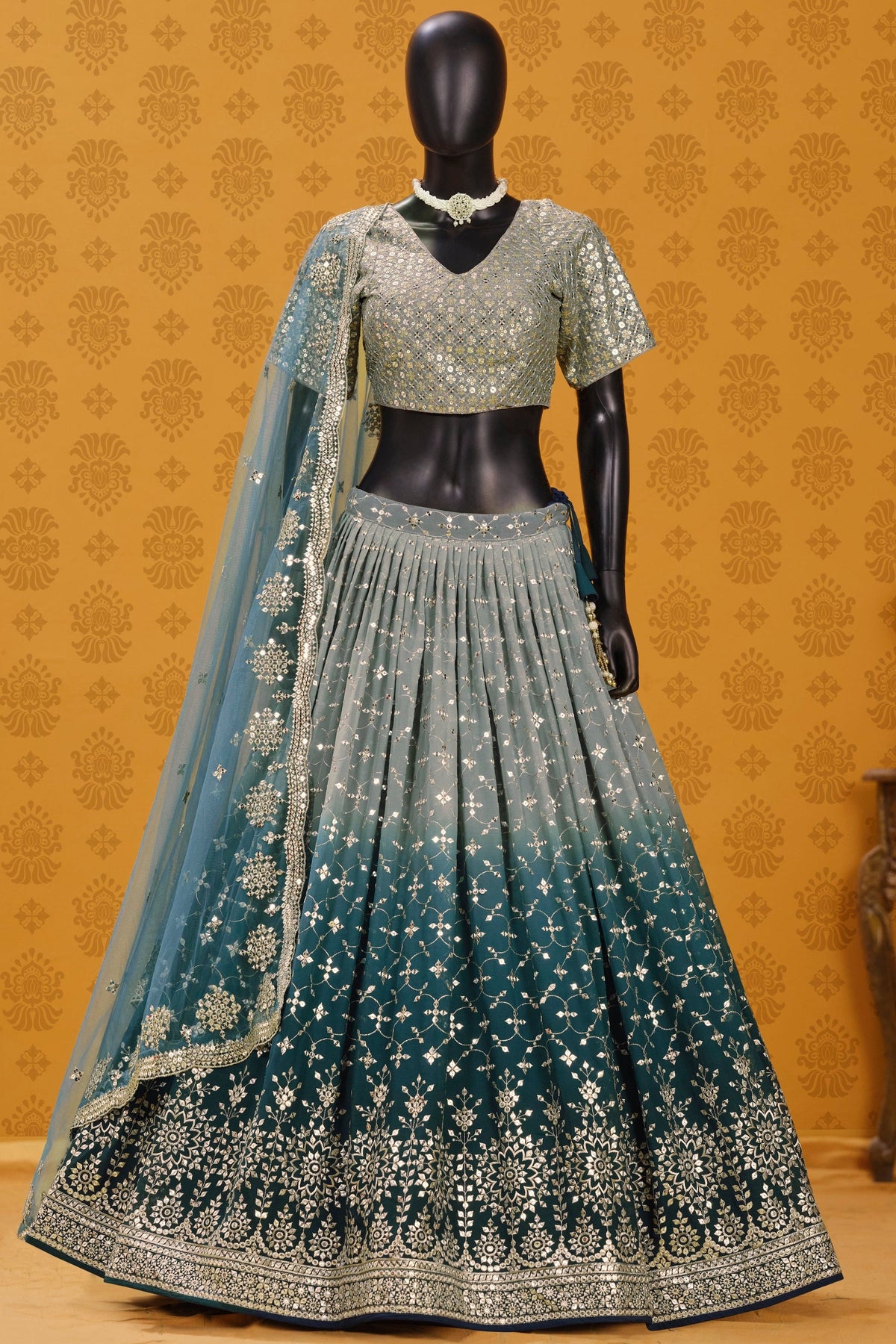 Dove Blue Georgette Dual Tone Lehenga Choli For Indian & Pakistani Wedding Festival - Sequins Embroidery Work, Zari Work