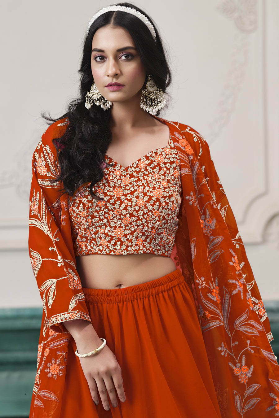 Orange Georgette Palazzo with Choli & Jacket For Wedding & Indian Festival - Embroidery Work