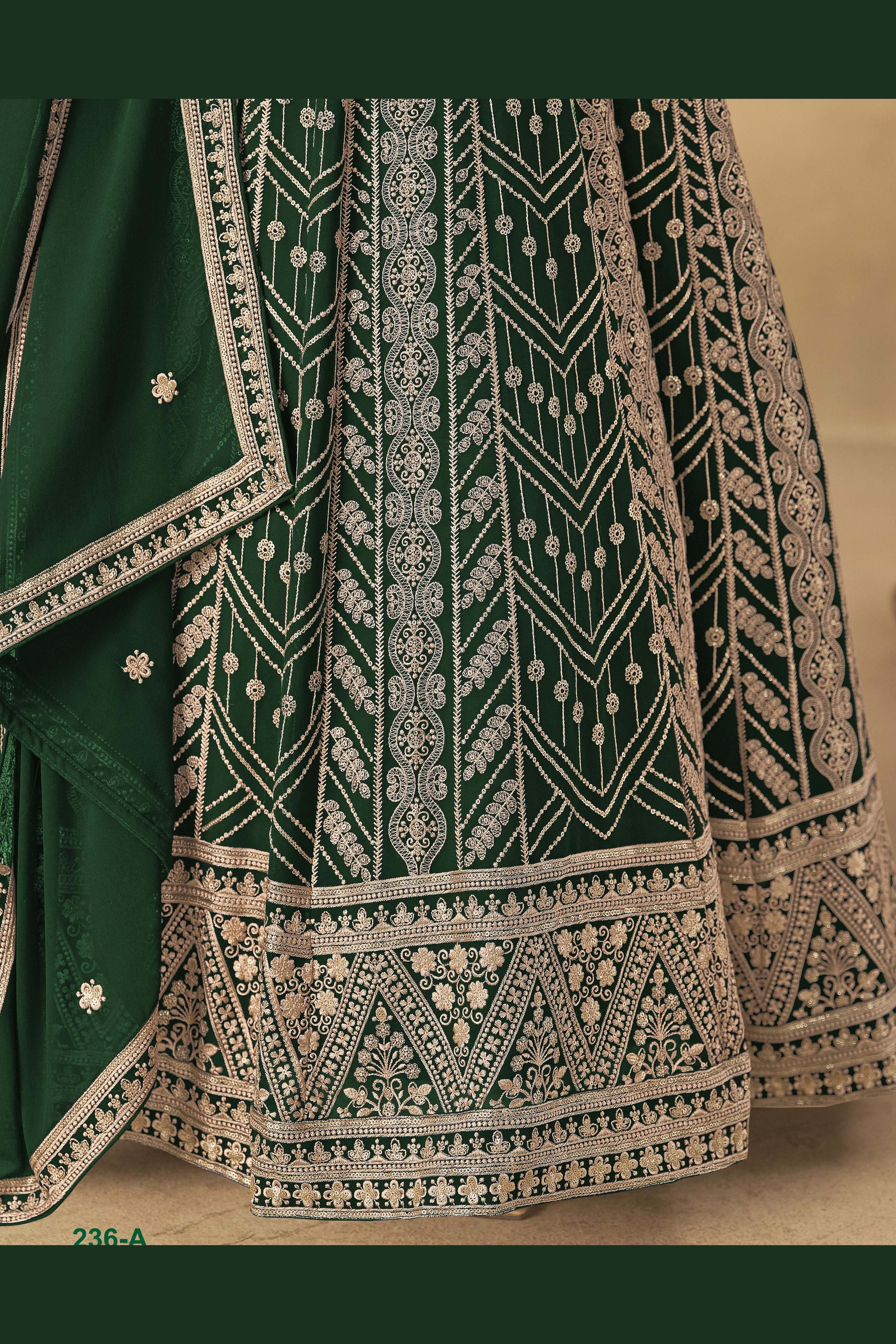 Green Georgette Anarkali Suit For Indian & Pakistani Wedding Festival - Thread & Sequins Embroidery Work