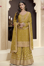 Yellow Chinon Silk Palazzo Suit For Indian Wedding & Pakistani Festival - Embroidery Work