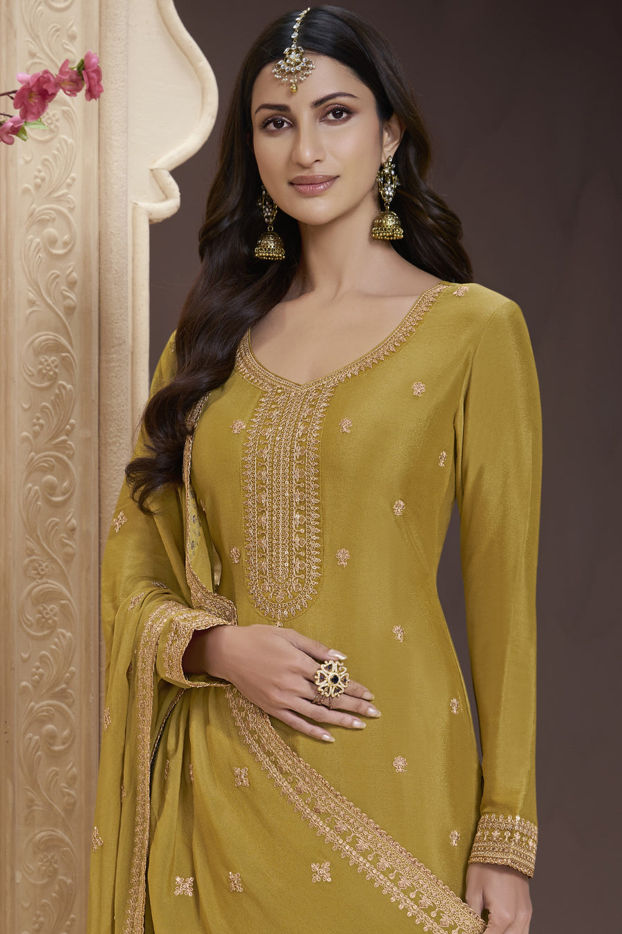 Yellow Chinon Silk Palazzo Suit For Indian Wedding & Pakistani Festival - Embroidery Work