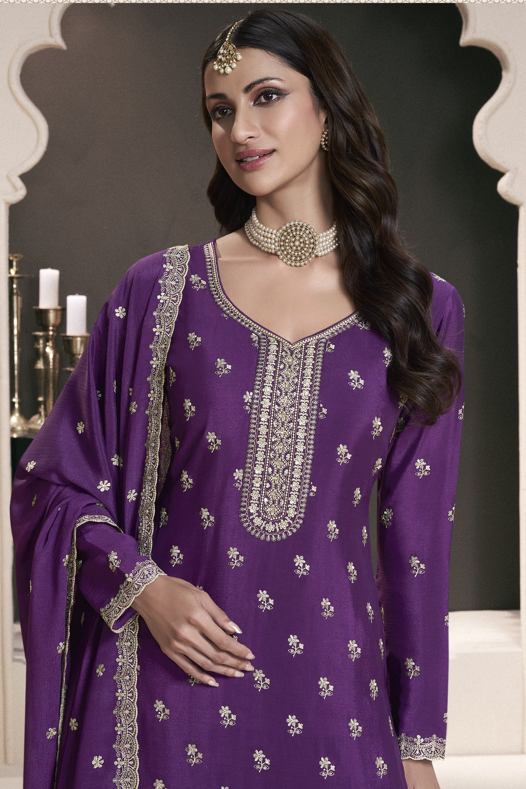 Purple Chinon Silk Sharara Kameez Suit for Pakistani & Indian Festival - Embroidery Work