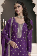 Purple Chinon Silk Sharara Kameez Suit for Pakistani & Indian Festival - Embroidery Work