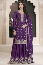 Purple Chinon Silk Sharara Kameez Suit for Pakistani & Indian Festival - Embroidery Work